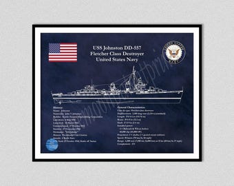 USS Johnston DD-557 Destroyer Art Print, Fletcher Class Destroyer Wall Art, DD-557 Poster