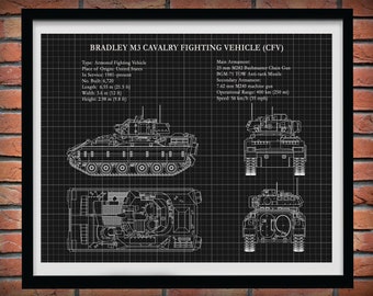 M3 Bradley Fighting Vehicle Poster, Bradley CFV Tank Blueprint, Cavalry Fighting Vehicle Tank Art Print, M3A2 Bradley IFV Tank Drawing