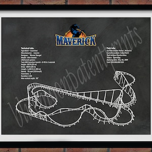 Maverick Roller Coaster Drawing, Cedar Point Roller Coaster, Maverick Roller Coaster Blueprint, Roller Coaster Wall Art, Roller Coaster Art