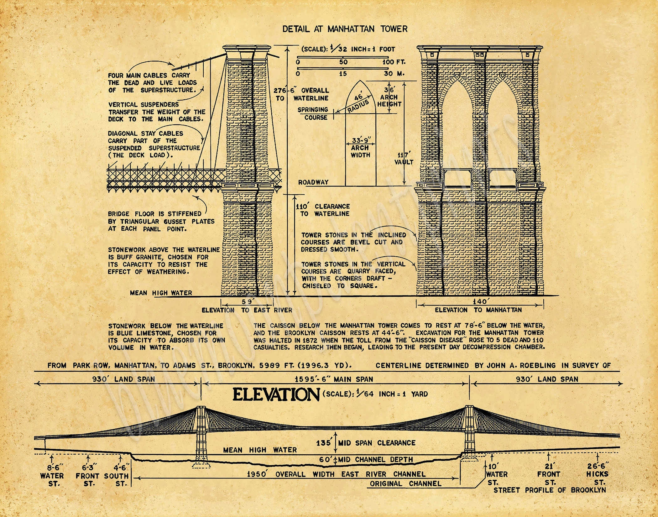 Brooklyn Bridge Drawing, Brooklyn Bridge architectural blueprint, 1870