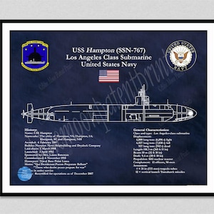 USS Hampton SSN-767 Submarine Blueprint, Los Angeles Class Submarine Drawing, USS Hampton PosterUS Submarine Wall Art Print