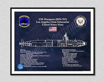 USS Hampton SSN-767 Submarine Blueprint, Los Angeles Class Submarine Drawing, USS Hampton PosterUS Submarine Wall Art Print