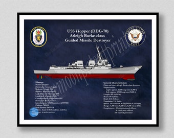 USS Hopper DDG-70 Drawing, Arleigh Burke Class Guided Missile Destroyer Drawing, Uss Hopper Blueprint, US Navy Wall Art Print, Sailor Gift