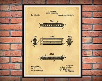 1897 Harmonica Patent Print, Hohner Harmonica Poster, Bluegrass Jazz Poster, Juice Harp Print, Mouth Organ, Country Jazz Poster Print
