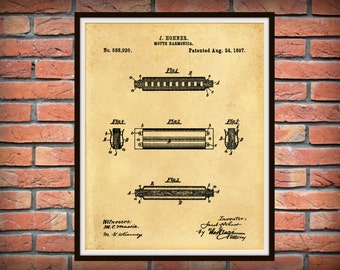 1897 Harmonica Patent Print - Hohner Harmonica Patent Print - Bluegrass Jazz Poster - Juice Harp - Mouth Organ - Country Jazz Poster Print