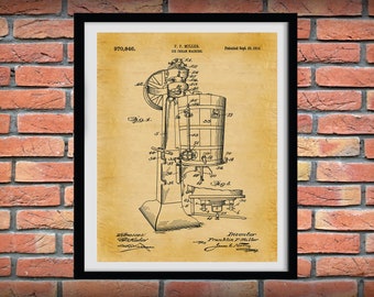 1910 Ice Cream Maker Patent Print,  Ice Cream Parlor Shop Decor, Ice Cream Maker Blueprint, Ice Cream Lover Gift Idea