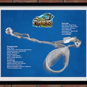 Mystic Timbers Roller Coaster Drawing, Kings Island Roller Coaster, Mystic Timbers Roller Coaster Blueprint, Roller Coaster Wall Art