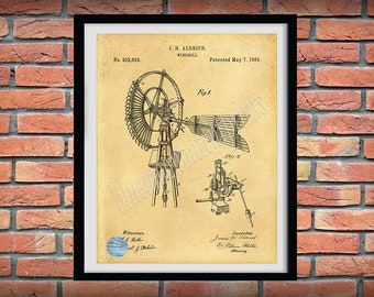 1889 Windmill Patent Art Print, Windmill Poster, Farm Wall Art, Farm House Decor, Antique Windmill Blueprint, Country Chic Wall Art