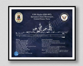 USS Hayler DD-997 Drawing, Spruance Class Destroyer Poster, Uss Hayler dd-970 Blueprint, US Navy Wall Art Print, Military ship Wall Art
