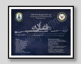 USS Port Royal CG73 Art Print, Ticonderoga Class Guided Missile Cruiser Ship Drawing, Port Royal CG-73 Drawing, US Navy Wall Art Print