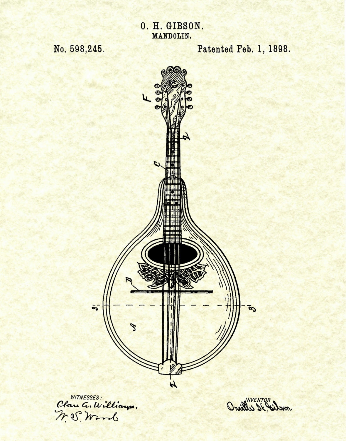 1898 Gibson Mandolin Patent Print Lute Chordophone Music Room Art