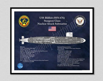 USS Billfish SSN-676, Sturgeon Class Submarine Blueprint, Sturgeon Class Submarine Poster, Navy Submarine Wall Art, US Military Sub Poster