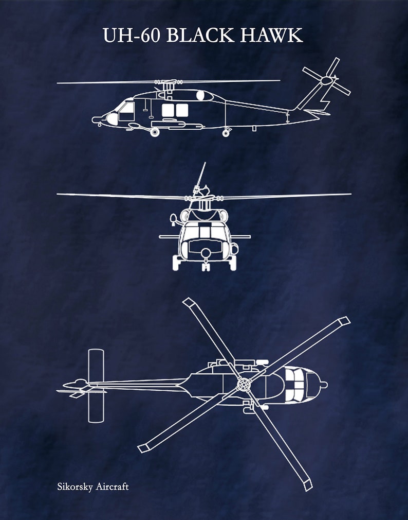 UH-60 Black Hawk Helicopter Art Print, Sikorsky UH-60 Helicopter Blueprint Chopper Pilot Gift Sikorsky UH-60 Chopper, Helicopter Decor Navy