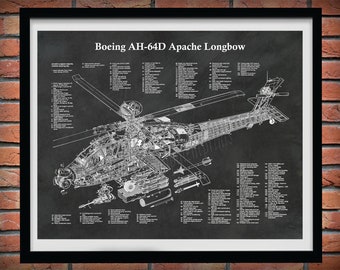 AH-64D Apache Longbow Helicopter Print, Boeing AH-64 Apache Blueprint, Helo Pilot Gift, Helicopter Decor, Boeing AH-64A Cutaway Drawing