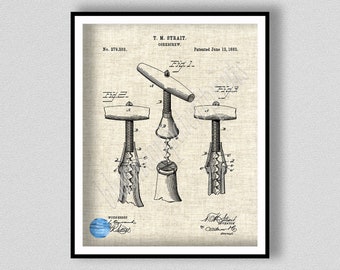 1883 Wine Corkscrew Patent Print, Antique Wine Cork Screw Art Print, Winery Decor,  Antique Wine Cork Extractor, Wine Lover Gift Idea