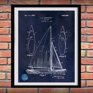 1927 Sailboat Patent Print, Sailboat Poster, Boat Print, Nautical Décor, Marina Décor, Sailor Gift Idea, Sailboat Blueprint, Beach House Art