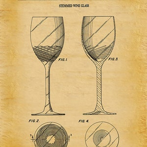 1988 Wine Glass Patent Print, Vintage Wine Glass Poster, Wine Collector Decor, Winery Decor Wine Connoisseur Gift Idea Aged Parchment