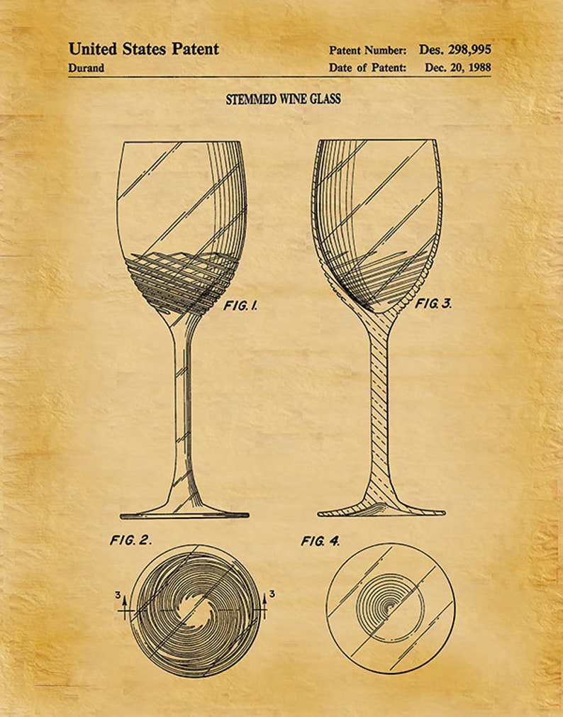 1988 Wine Glass Patent Print, Vintage Wine Glass Poster, Wine Collector Decor, Winery Decor Wine Connoisseur Gift Idea Aged Parchment