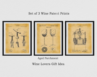 Set of 3 Wine Patent Prints - 1883 Corkscrew Patent - 1988 Wine Glass Patent - 1903 Wine Press Patent Print - Winery Decor - Wine Lover Idea