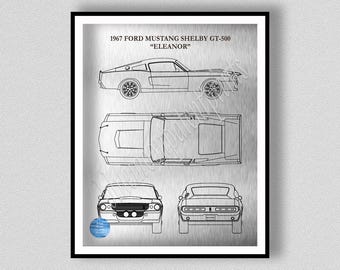 1967 Ford Mustang Shelby GT-500 "Eleanor", Mustang Sports Car Poster, 1967 Mustang Eleanor Blueprint, Mechanic Gift, Man Cave Decor