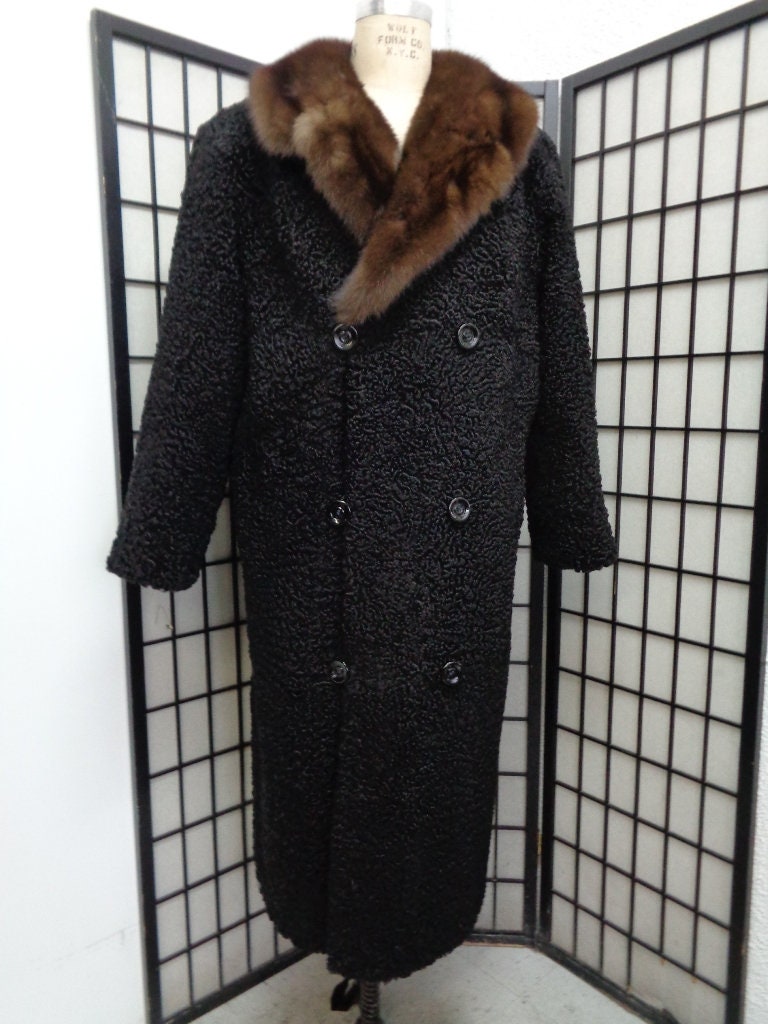 Black Persian Lamb Fur Coat with Pastel Mink Fur Collar - Size S