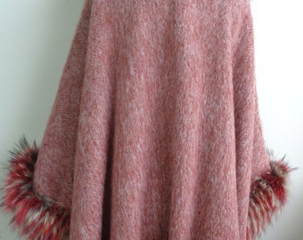 新品 ピンク/レッド ウール & フォックスファー ケープ ショール