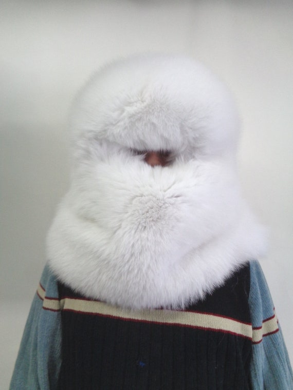 Brand New White Fox Fur Double Sided Face Mask Balaclava Hood Hat