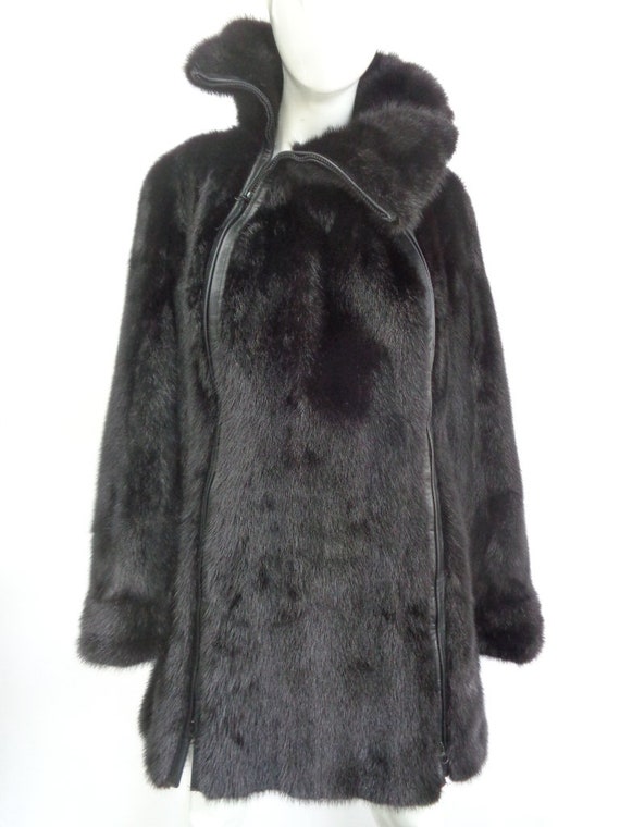 Black Vintage Zippered Fur Jacket/Coat Lined Made in Korea