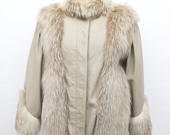 Excellent Beige Fox & Leather Fur Coat Jacket Women Woman Size 6 Small