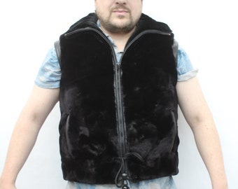 Brand New Black Sheared Beaver Fur & Leather Vest Men Man Size All