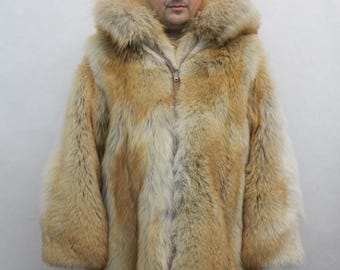 新品 フード付き ナチュラルレッドコヨーテファーコート ジャケット