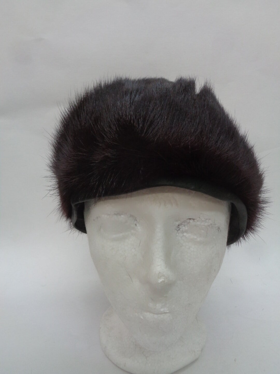 Excellent Canadian Dark Ranch Mink Fur & Fabric Hat Cap 