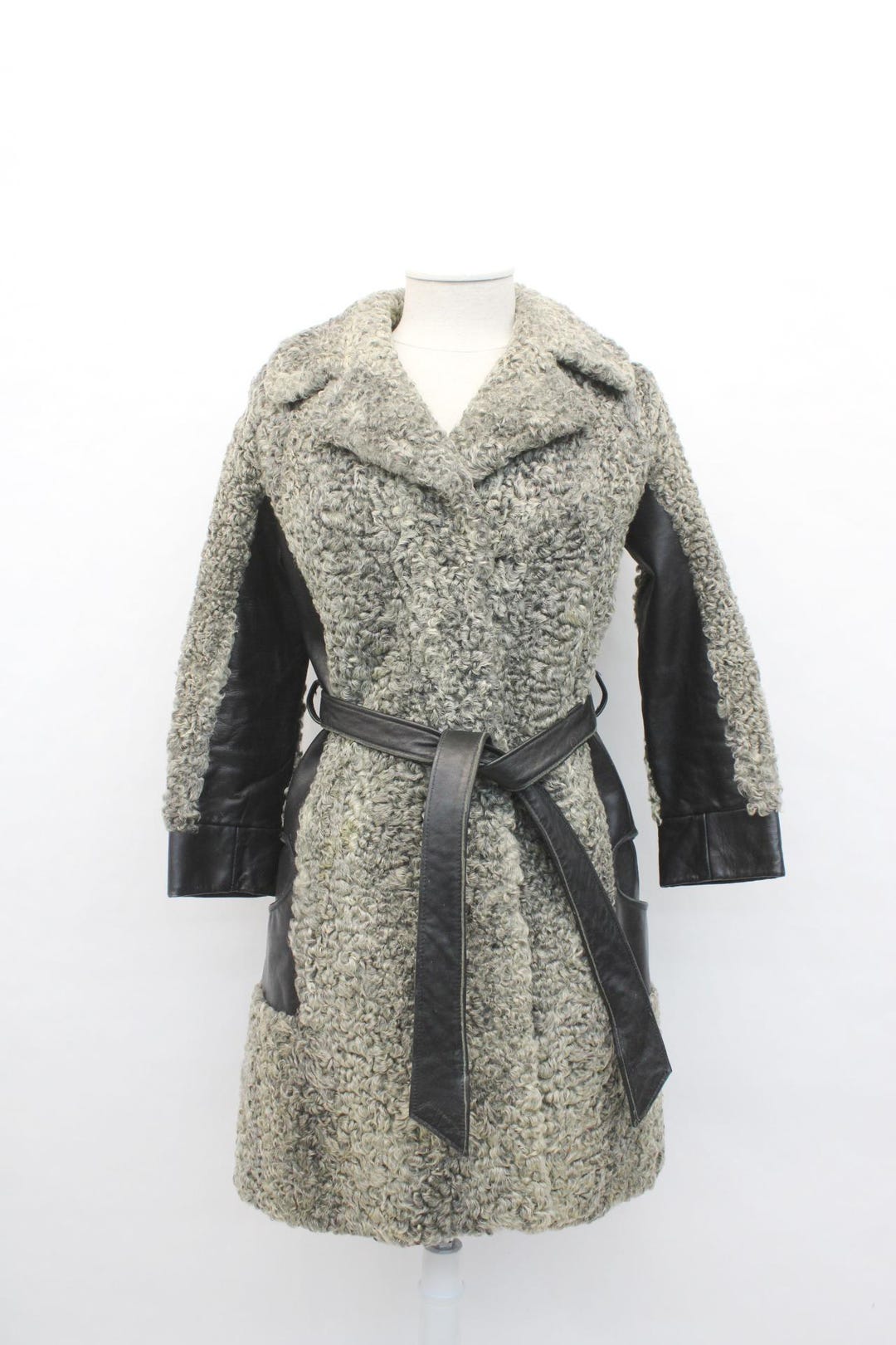 Mint Gray Curly Lamb Fur & Leather Coat Jacket Women Woman Size 2