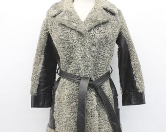 Mint Gray Curly Lamb Fur & Leather Coat Jacket Women Woman Size 2 Petite W/Belt