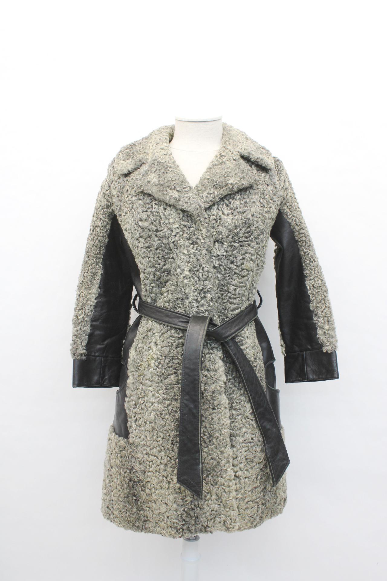 Mint Gray Curly Lamb Fur & Leather Coat Jacket Women Woman