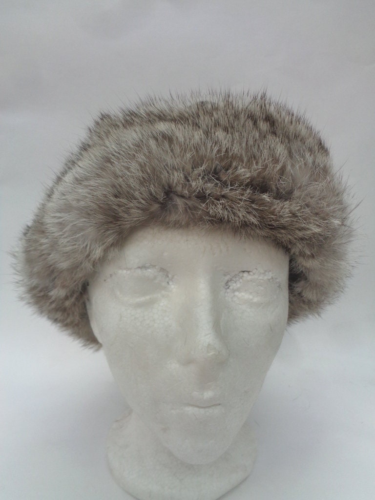 Excellent Gray Rabbit Fur & Fabric Hat Cap Women Woman Size 
