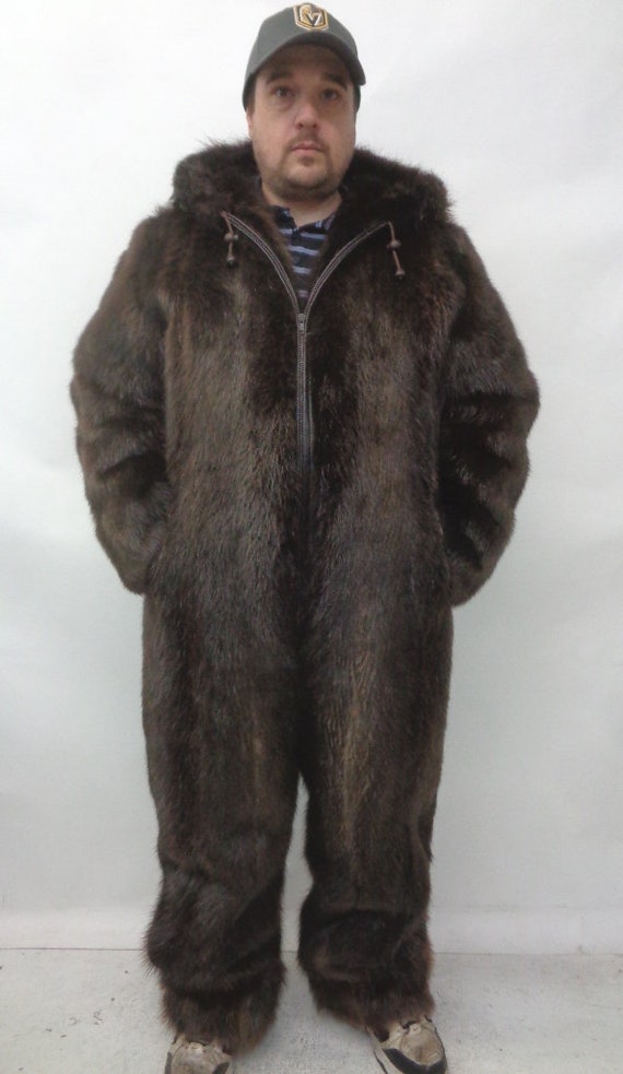 Brand New Brown Beaver Fur Double Sided Snowsuit Jumpsuit Men Man
