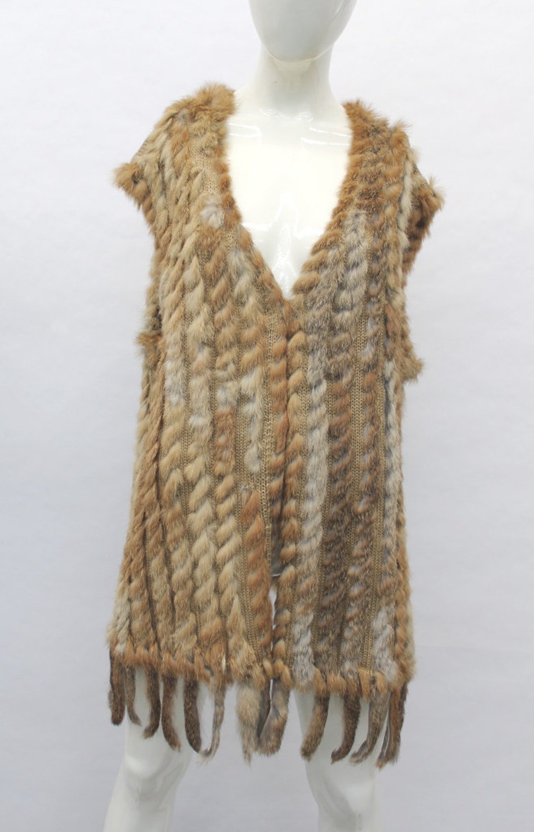 Gilet tricot en fourrure de lapin marron menthe femme femme