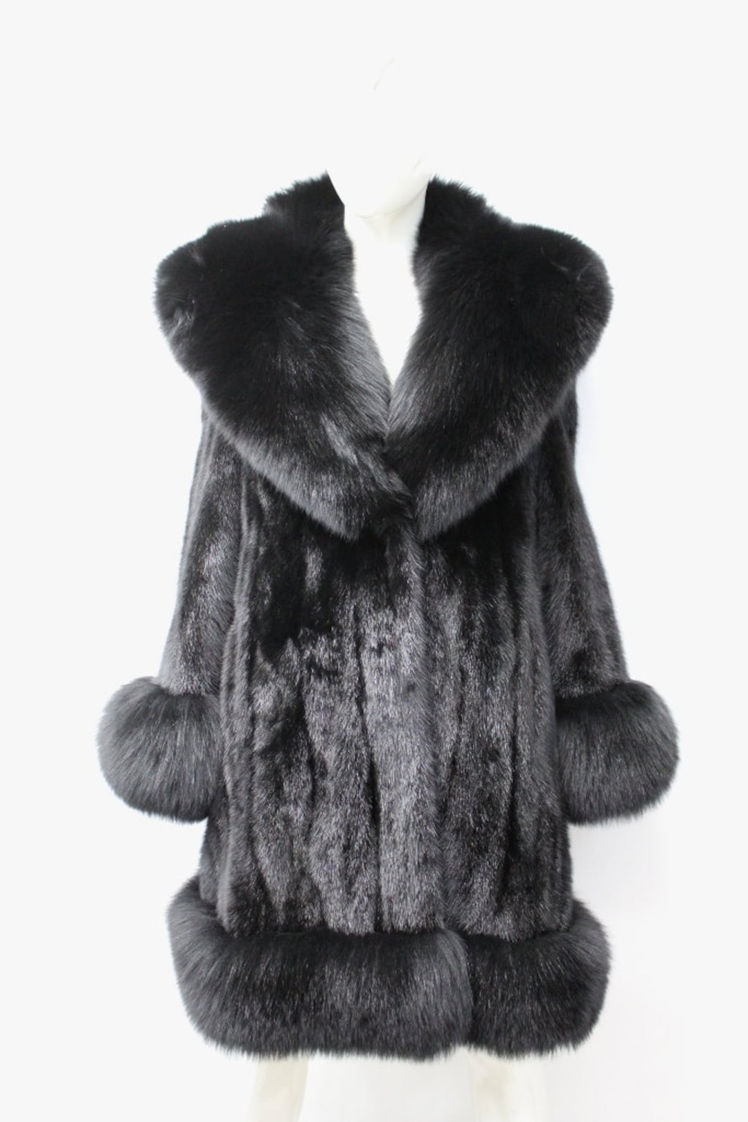 Refurbished New Black Mink & Fox Fur Coat Jacket W/hood Women