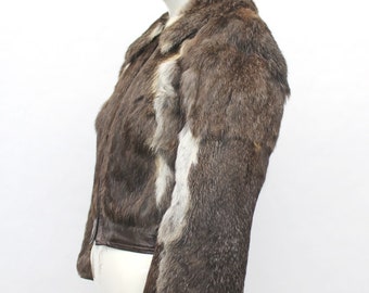 Excellent Brown White Rabbit Fur & Leather Jacket Coat Women Woman