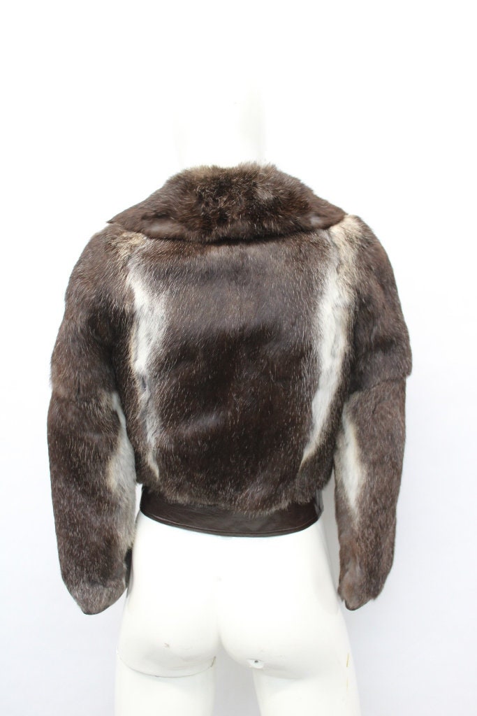 Excellent Brown White Rabbit Fur & Leather Jacket Coat Women Woman