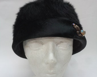 Excellent Black Mohair/Fabric Hat Cap Women Woman Size 22"