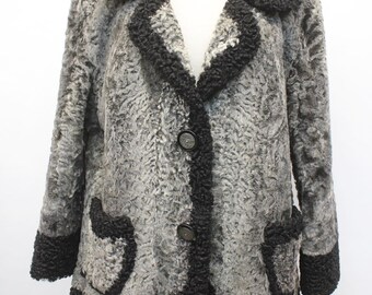 Excelente chaqueta de piel de cordero rizada gris y negra para mujer, talla 12 grande