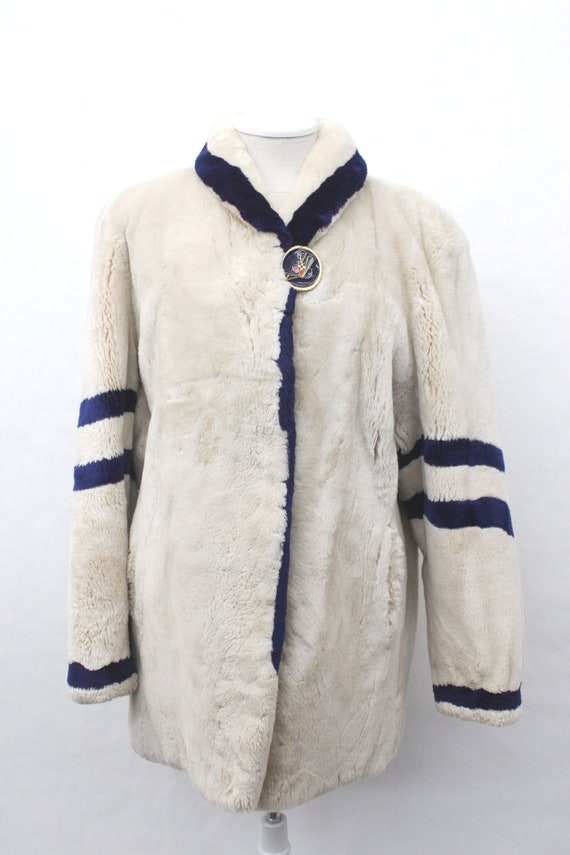 Excellent Beige & Blue Sheared Beaver Fur Jacket C