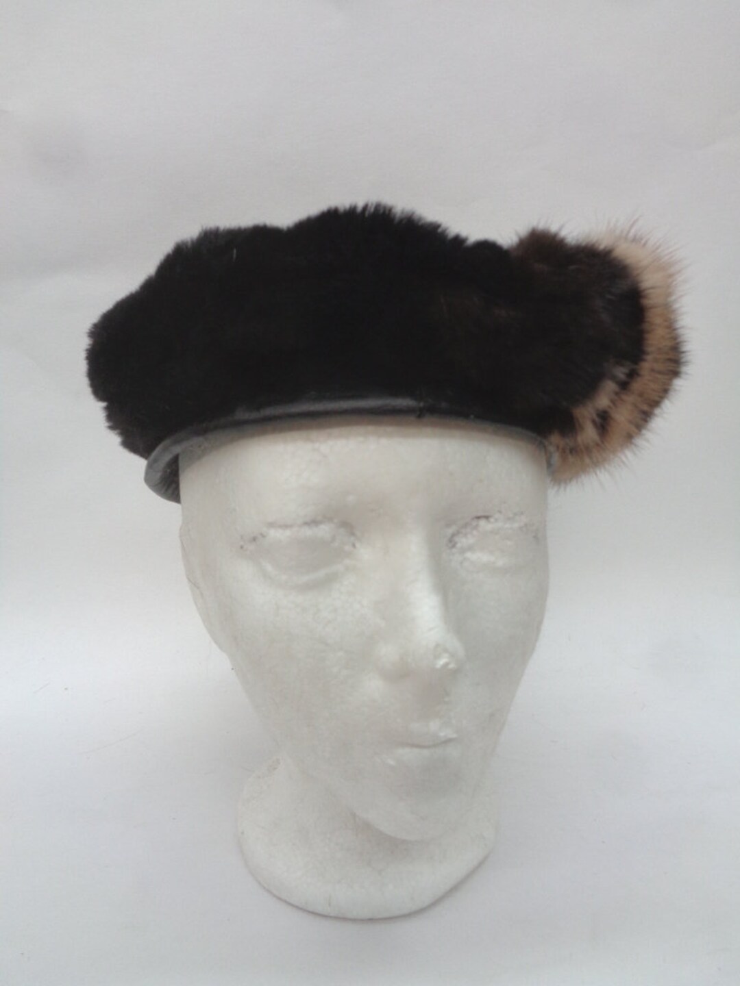 MINT BLACK MUSKRAT FUR & BROWN FAUX FUR HAT CAP WOMEN WOMAN SIZE 22\