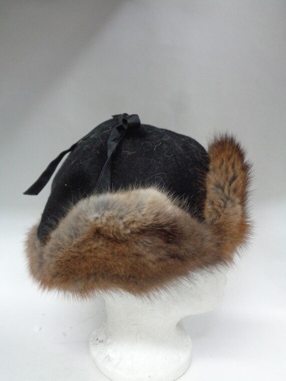 Mint Brown Muskrat Fur & Fabric Russian Style Hat Cap  display picture 3
