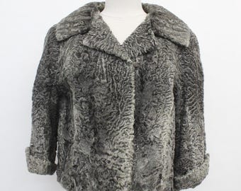 Vintage Grey Curly Genuine Lamb Fur and Leather Stripes Winter