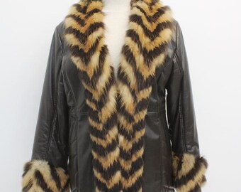 New Refurbished Brown Leather W Fox Fur Trim Coat Jacket Women Woman Sz 4 Petite