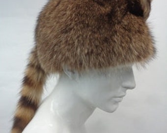 Brand New Raccoon Fur Davy Crockett Style Hat W/ Face&Tail Men Women Size All