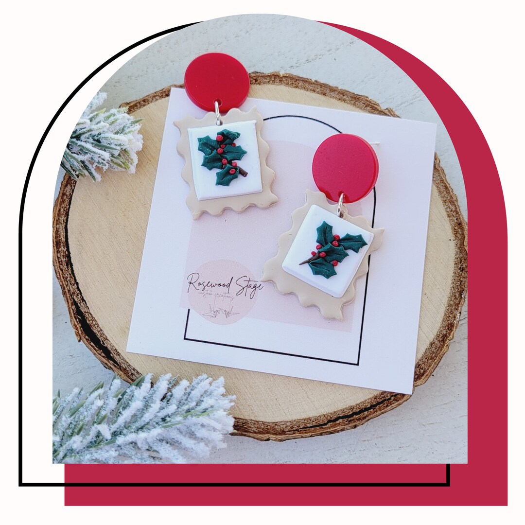Holly Stamp Earrings Christmas Polymer Clay Jewelry Letter Etsy